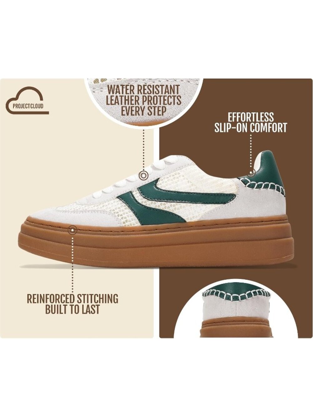 Women's White-green Stripe Lace-up Shoes Memory Insole Casual Platform Sneakers - Picture 4 of 6